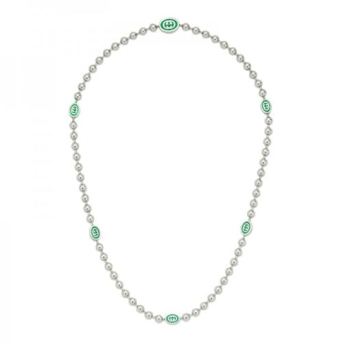 GUCCI INTERLOCKING NECKLACE IN SILVER WITH GG BOULE CHAIN ​​AND GREEN ENAMEL