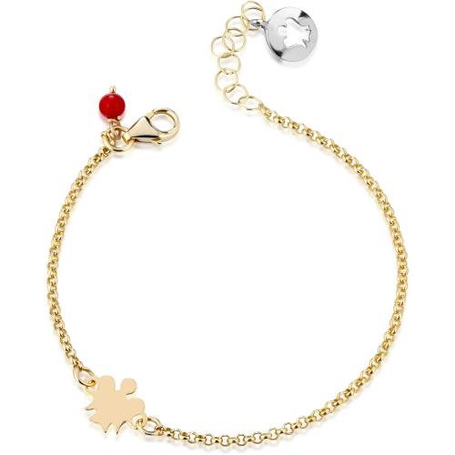BABY BRACELET WITH ANGEL IN YELLOW GOLD AND RED CORAL CHARMS