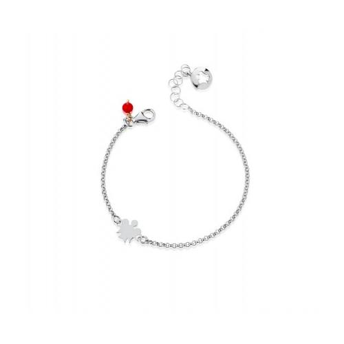 BABY BRACELET WITH ANGEL IN WHITE GOLD AND RED CORAL CHARMS