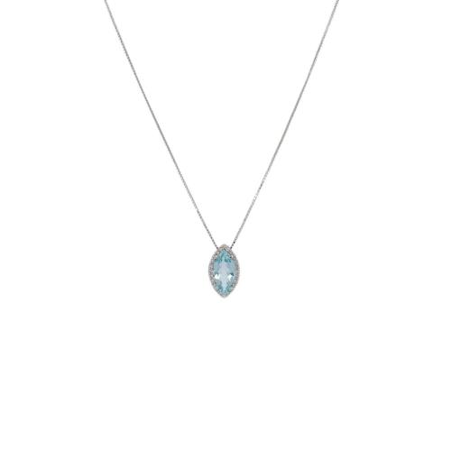 WHITE GOLD CHOKER NECKLACE WITH MARQUISE CUT AQUAMARINE AND DIAMOND PENDANT