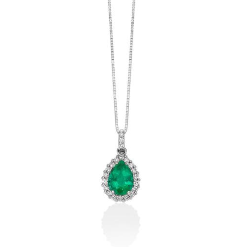 Miluna Gemme Preziose Necklace in 18KT White Gold with Emerald and Diamonds