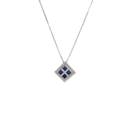 SALVINI CHOKER NECKLACE IN WHITE GOLD WITH SQUARE DIAMOND AND SAPPHIRE PENDANT