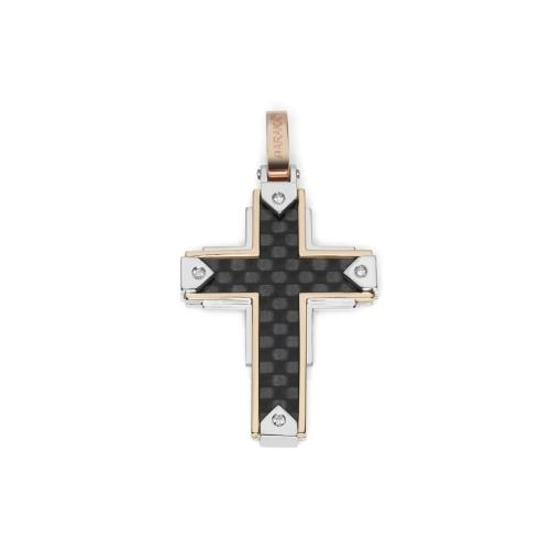 CROSS PENDANT BARAKA' IN WHITE, ROSE GOLD AND CARBON WITH WHITE DIAMONDS