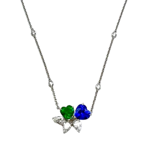 WHITE GOLD NECKLACE WITH SAPPHIRE, EMERALD AND DIAMONDS