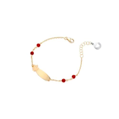 BABY BRACELET IN GOLD WITH ANGEL PLATE AND RED CORALS