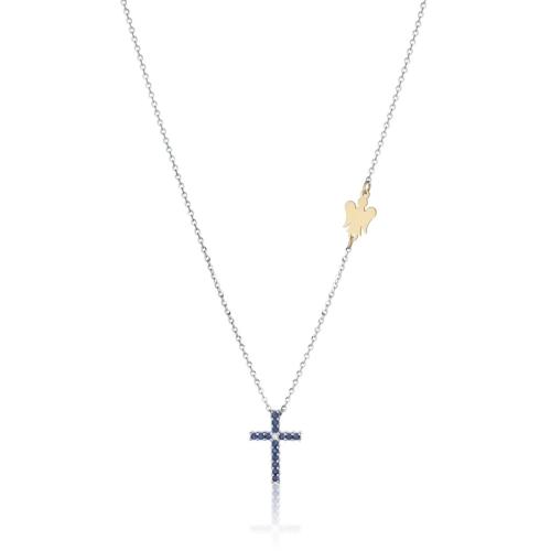 NECKLACE WITH CROSS IN WHITE GOLD AND SAPPHIRES