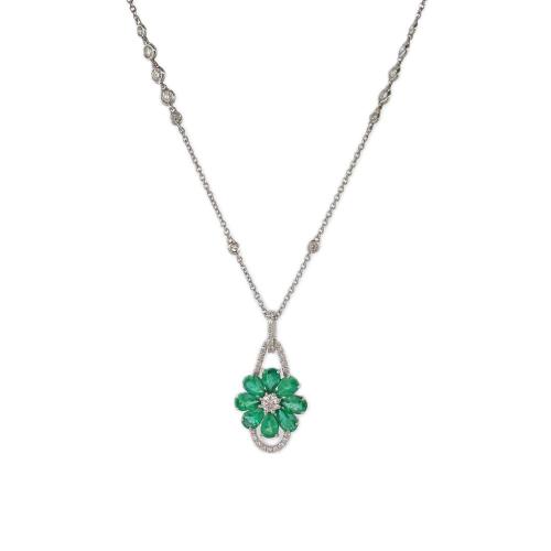 CRIVELLI CHOKER NECKLACE IN WHITE GOLD WITH FLOWER PENDANT IN EMERALDS AND DIAMONDS