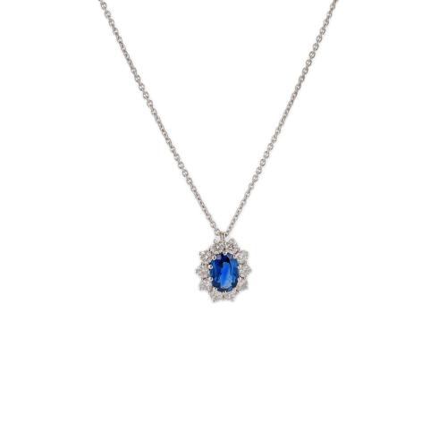 CRIVELLI CHOKER NECKLACE IN WHITE GOLD WITH DIAMOND AND SAPPHIRE OVAL PENDANT