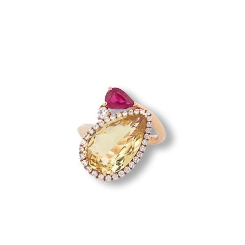 18kt Rose Gold Ring with Yellow Beryl and Ruby