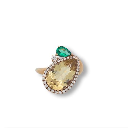18kt Yellow Gold Ring with Yellow Beryl and Emerald