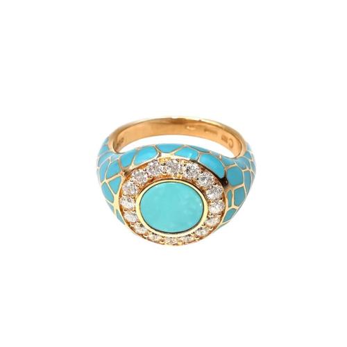 ROSE GOLD ENAMELED CHEVALIER RING WITH TURQUOISE AND DIAMONDS