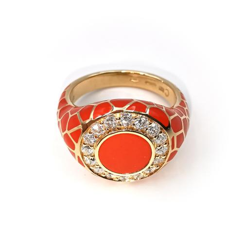 ROSE GOLD ENAMELED RING WITH CORAL AND DIAMONDS