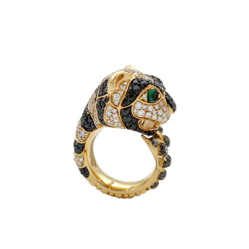 GUCCI TIGER HEAD RING IN ROSE GOLD WITH BLACK AND WHITE DIAMONDS AND EMERALDS