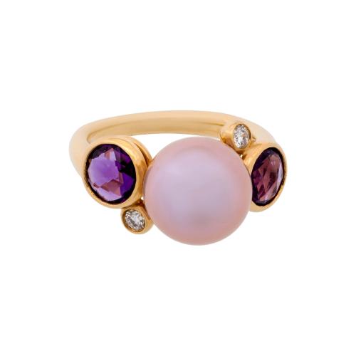 MIMÍ ROSE GOLD RING WITH PINK PEARL, AMETHISTE AND DIAMONDS