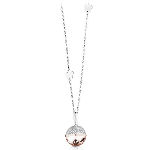 NECKLACE WITH ANGELS AND ANGEL CALLER PENDANT IN ROSE SILVER AND WHITE ZIRCONS