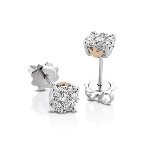 EARRINGS IN WHITE GOLD WITH ANGEL IN ROSE GOLD AND DIAMONDS