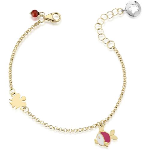 BABY BRACELET WITH ANGEL IN YELLOW GOLD, FISH AND RED CORAL CHARMS