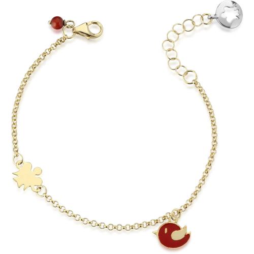 BABY BRACELET WITH ANGEL IN YELLOW GOLD, BIRD AND RED CORAL CHARMS