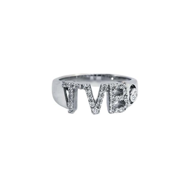 SIEVE RING IN WHITE GOLD WITH WRITING TVB AND DIAMONDS
