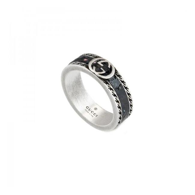 GUCCI RECESSED RING IN SILVER WITH DOUBLE G BLACK ENAMEL